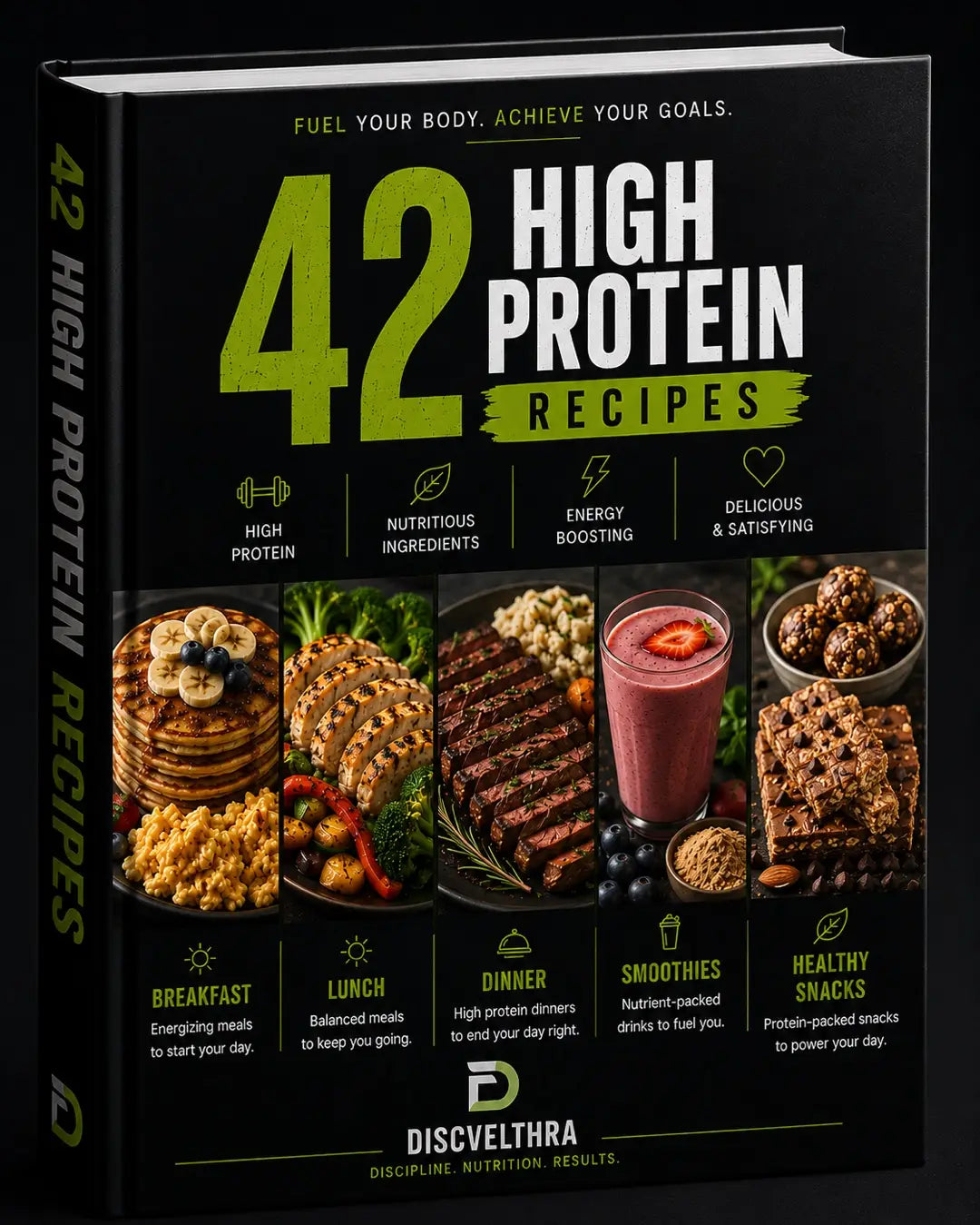 Book cover of '42 High Protein Recipes' with images of food and text on a black background
